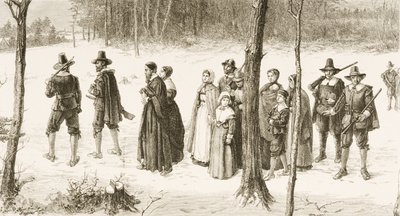 Pilgerväter gehen zur Kirche, ca. 1880 von Reverend Samuel Manning